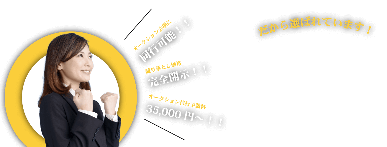 オークション会場に同行、競り落とし金額完全開示、車両購入後一年間の保証